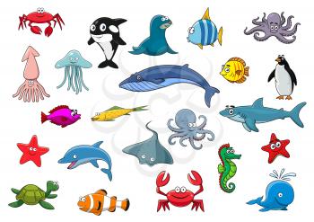 Sea fish and ocean animals icons. Vector isolated cartoon lobster crab, squid and jellyfish, seal, dolphin and shark whale, clown fish or flounder and tropical butterflyfish, starfish and seahorse, oc