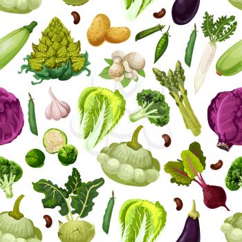 Vegetables pattern of zucchini squash and asparagus, beet and red cabbage, brussels sprouts and romanesco broccoli, potato, garlic and eggplant, mushroom champignon, bean or pea. Vector seamless backg