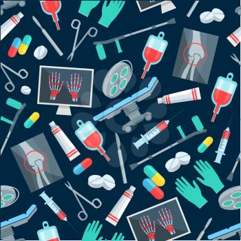 Surgery seamless pattern of surgeon medical items and tools. Vector medications pill drugs capsules, blood dropper. Medicine therapy instruments, scalpel, scissors and syringe, crutch and gloves, surg