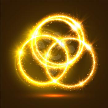 Abstract light rings and sparkling shining circles. Golden magic lights and flashes. Shiny luminous and shimmering glitter particles of circular star rays and beams. Luminous glowing glittering effect