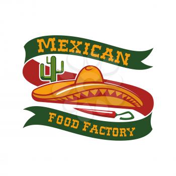 Mexican restaurant emblem. Mexico food bar vector isolated icon or badge with mexican sombrero hat, chili pepper jalapeno, agave or cactus peyote. Sign and ribbon for spicy tacos and burritos snacks f