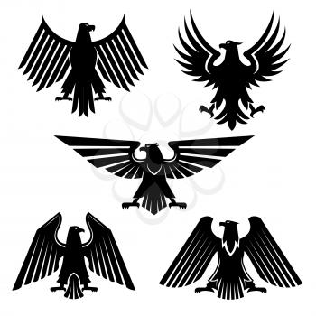 Heraldic eagle or bird of prey set of icons. Silhouette of american falcon or USA hawk, majestic predator or hunter animal. Military or national freedom, heraldry and mascot, tattoo design theme