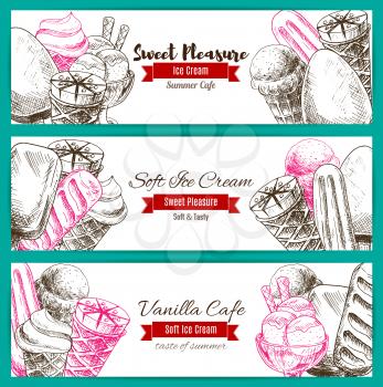 Ice cream sketch, dessert food banner. Chocolate flavored ice-cream in waffle cone or sorbet or scoop balls in glass, frozen whipped milk calorie snack with candy sticks and syrup. Shop badge or resta