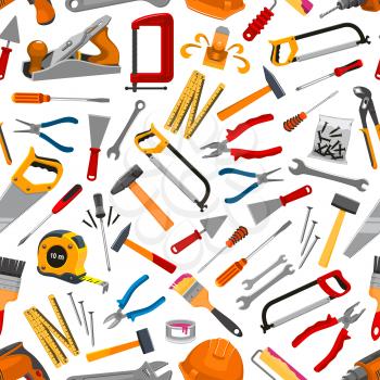 Repair tools or construction items seamless pattern background. Pliers and spatula, helmet and hammer, ruler and brush with paint, spanner and trowel, saw and drill, pin or nail, jointer or plane, scr