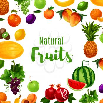 Vitamin food or fruit poster design. Fresh kiwi and citrus lemon, pineapple and apple, apricot and banana, pomegranate or garnet, grapes and peach, orange and melon, mango and watermelon. Vegetarian s