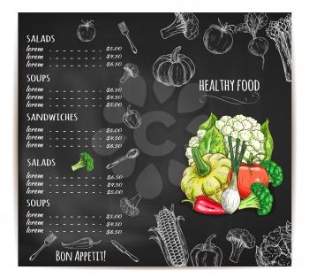 Vegetable food restaurant menu design. Prices on drawn on chalkboard for salad from radish, corn and broccoli, chili red pepper and onion, cauliflower and pumpkin, asparagus and squash, tomato. Health