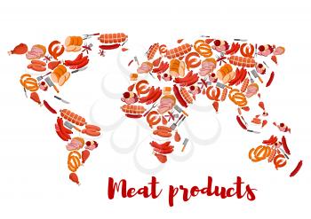 Meat products forming world map. Chicken and pork ham, steak and sliced frankfurter sausage, wurst or kielbasa, spatula and fork, butcher knife or cleaver, beef tenderloin and sirloin. Cooking and nut