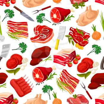 Meat food products seamless pattern background. Beef steak with garlic and pork ham with leaf spices, fat or lard, grease with onion and sirloin, meatloaf and butcher knife or cleaver, fork. Cook and 