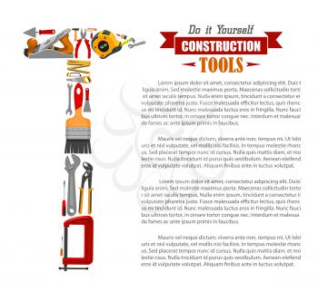 Repair instruments or items, construction tools poster. Spatula and hammer, ruler and paint brush, shovel and plane or jointer, spanner and screwdriver, trowel and saw. Home building, house renovation