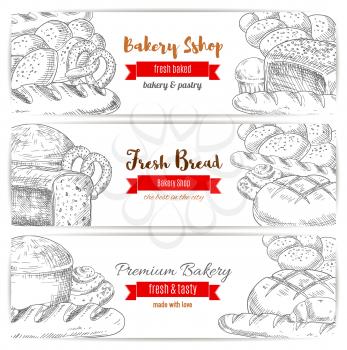 Bread and kringle, pastry and bakery sketch banner. Loaf of cereal rye sliced anadama and kringle or kifli, french baguette or baton. Agriculture crop assortment and cook, bakery theme