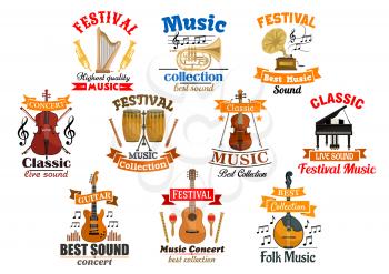 Instruments for music and melody notes with ribbon set of icons. Drum kit and acoustic, electric guitar, gramophone and harp, fiddle with fiddlestick and violoncello or cello, violin with bow, piano a