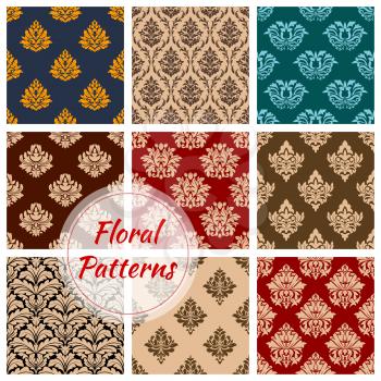 Renaissance floral set of seamless pattern background. Baroque flourish decoration and vintage tracery backdrop, retro embellishment or victorian heraldic ornament. Cloth and wrapper, royal drapery, h