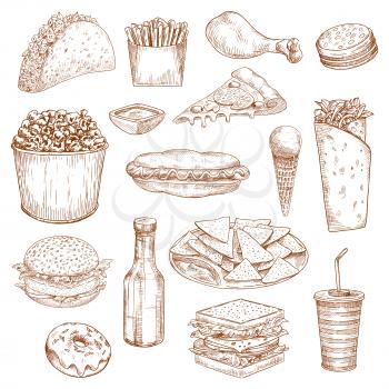 Fast Food icons. Vector isolated sketch sandwich and hamburger or cheeseburger, chicken leg and french fries, hot dog and ice cream, pizza and popcorn. Junk food nachos chips, mexican tacos, burrito o