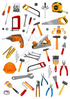 Work tools icons set of vector isolated instruments for repair, carpentry, building and home fix tape measure ruler, helmet, drill, hammer and saw, spanner wrench and screwdriver, plaster trowel and p