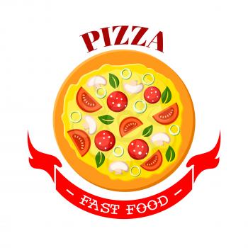 Pizza icon. Fast food snack vector isolated emblem of italian cuisine food. Margherita or Neapolitan traditional flatbread pizza with mozzarella cheese, salami sausage, onion and mushrooms. Fastfood s