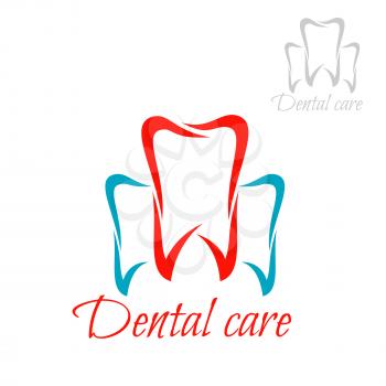 Dentistry emblem and tooth icon. Vector isolated teeth symbols for dentist or stomatology dental care surgeon clinic. Red blue sign of healthy tooth and gum with for stomatologist and odontology, toot