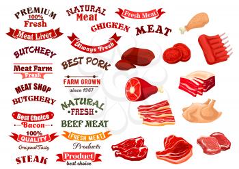 Meat products icons set and vector isolated ribbon banners for butchery or butcher shop sign badge. Farm grown fresh beef filet tenderloin or sirloin, pork bacon or lard, turkey or chicken legs, liver
