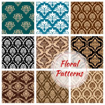 Flowery and floral ornate patterns set. Seamless Damask flower ornaments and baroque flourish tiles or backdrops. Ornamental luxury royal tracery adornment and embellishment motif. Vector design for i