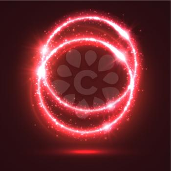 Abstract red light rings or sparkling and shining neon circles with luminous glitter sparks. Magic blur lights and flashes. Shiny shimmering particles of circular star rays and beams with glowing glit