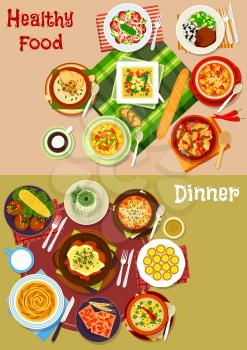 Bulgarian cuisine popular dishes icon set with vegetable stew and salads with cheese, bean, sausage and yogurt, tomato, bean, ham and mushroom soups, meatball, baked lamb, cheese pie and puff