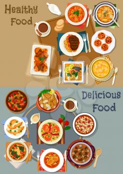 Portuguese cuisine popular dishes icon set with vegetable, fish and bean stew, seafood salad, soups with fish, tomato, bean and sausage, meat dumpling, chili chicken, custard cake, almond pie