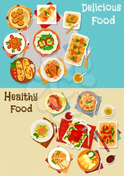 Healthy food for lunch icon set of baked stuffed vegetables with cheese, grilled fish, fried pork, chicken noodle, meat roll with ham, shrimp pasta, spinach lasagna, turkey leg with berry sauce