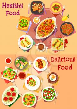Meat, salad and mexican snack icon with beef, chicken and meatball with vegetables and noodle, mexican taco and tortilla with meat, chilli, bean, salads with veggies, fruit and seafood, stuffed pasta