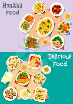 Healthy food icon set with vegetable soup and salad, beef roll and stew, lamb kebab, stuffed pasta, tomato cheese pie, cauliflower casserole, lentil pancake, fried cheese, zucchini roll with fish