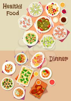 Tasty dinner dishes icon set of cheese ham and fish salads, egg dishes with cheese and sausage, pasta with mushroom and cheese, grilled shrimp and lamb, dolma, oyster with sauce, waffle with ice cream