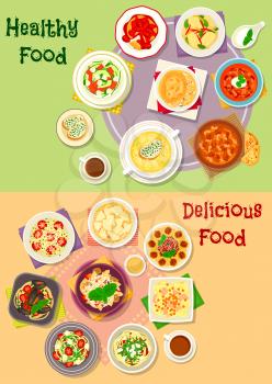 Comfort food icon set of italian pasta and spaghetti with meat, vegetable, cheese, fish, basil and seafood, risotto, vegetable salad, meat soups with tomato and bean, cheese cream soup, chicken pie