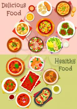 Meat dishes icon set of meat salad with vegetable, fruit and cheese, beef stew, meat soups and stews with vegetables, meatball and bean, baked pork and chicken meatloaf, battered fish, meatball