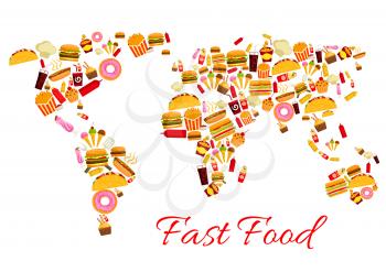 World map of fast food snacks. Vector continents of cheeseburger burger and pizza, french fries and hot dog sandwich hamburger, gyros burrito or doner kebab or tacos, chicken nuggets, ice cream and do