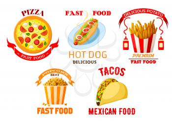 Fast food vector icons set of pizza, hot dog sausage sandwich, french fries with ketchup, mexican tacos and popcorn sweet dessert. Isolated emblems and ribbons for fastfood restaurant menu takeaway or