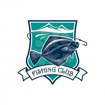 Fishing icon of flounder fish, fish-rod with bait, float and catch on hook. Fishery industry and fisher or fisherman trip or club vector isolated emblem, badge or sign with ribbon, sea or lake and mou