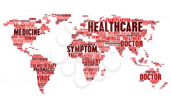 Medical and health cloud tags words in world map. Word cloudtags concept of healthcare, doctor treatment, patient disease symptom diagnosis, surgery transplantation, x-ray radiogram and virus flu anti