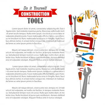 Hand saw silhouette with repair, construction and carpentry tools. DIY poster with hammer, screwdriver, wrench, drill and brush, paint and spanner, pliers and saw, measuring tape, spatula, trowel, jac