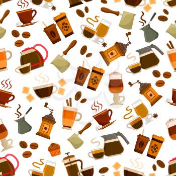 Coffee drink and cocktail with dessert seamless pattern background. Espresso, cappuccino, irish coffee, latte and macchiato cups with bean, pot, grinder, chocolate, cupcake. Coffee shop, cafe design