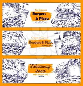 Fast food restaurant takeaway menu banner set. Hamburger, pizza, hot dog, sweet soda drinks, french fries and ice cream cone sketches for cafe menu, food delivery service design