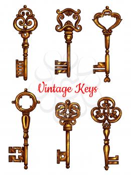 Vintage key isolated sketch set. Antique golden door key and skeleton, decorated by victorian flourishes and ornaments. Tattoo, jewelry and embellishment design