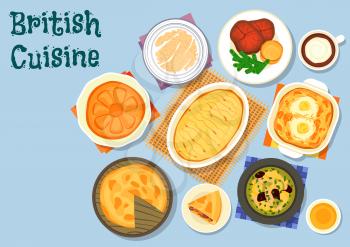 British cuisine lunch menu icon with lamb vegetable soup, roast beef with yorkshire pudding, beef kidney pie, potato cabbage casserole with eggs, milk porridge, lamb potato casserole, honey pie