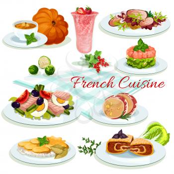 French cuisine cartoon poster. Tomato olive salad with egg and fish, potato cheese casserole, duck salad, liver pate in bacon, berry cream dessert, pumpkin soup, salmon tartare, stuffed cabbage