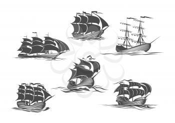 Sailing ship, sailboat, yacht and brigantine isolated icon set. Old sailing vessel under full sails and flags on masts silhouettes for sailing sport, ocean cruise, marine trip, regatta design