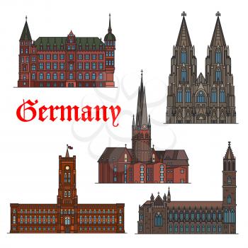 German travel landmark thin line icon set with architectural heritage of Germany. Cologne Cathedral, St. Lambert Church, Town Hall, Rotes Rathaus and Magdeburg Cathedral for travel design