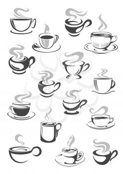 Coffee cup and tea mug icon set. Cup of hot beverage with espresso, cappuccino, mocha, chocolate or tea drinks with saucer and swirls of steam. Cafe or coffee shop menu, drink themes design