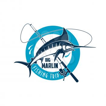 Marlin fishing sport emblem. Marlin fish on a spinning rod round badge for sea fishing trip, camp or sporting club symbol design
