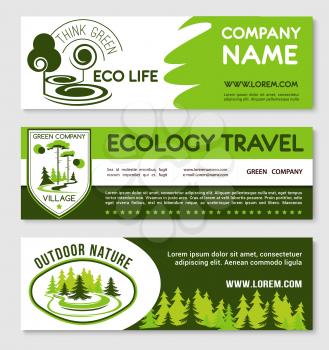 Eco tourism and green travel banner template set. Nature landscape shield and round badges with forest trees, plants and text layout. Ecology, responsible travel, sustainable development design