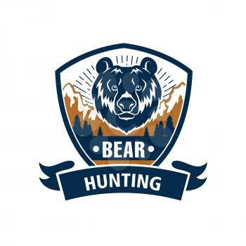Hunting club emblem with grizzly bear muzzle. Hunter wildlife adventure vector isolated blue icon and ribbon with wild roaring predatory animal and nature