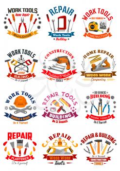 Work tools emblems or vector icons set of instruments tape measure ruler, helmet, drill, hammer and saw, spanner wrench and screwdriver, plaster trowel and paint brush roll, plane, mallet, pliers and 