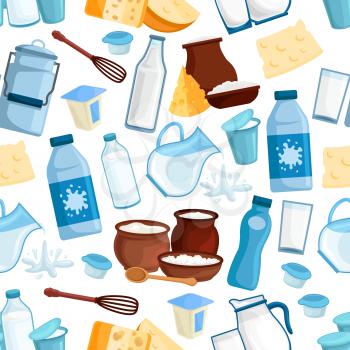 Milk and dairy seamless pattern of vector milky food and drinks products, milk bottle and butter, yogurt or kefir in pitcher, cottage cheese and fresh cream in bowl, sour cream and curd for milk shop,