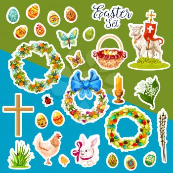 Easter holiday sticker set. Easter egg, rabbit bunny, chicken, chick, lamb of God, basket with egg, Easter wreath with egg, spring lily flower and willow tree twig, cross, candle, butterfly and grass